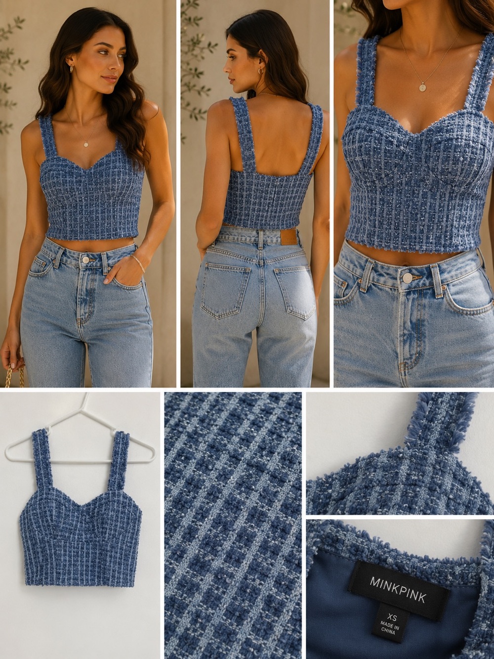Blue Textured Crop Bustier Top with Wide Straps
